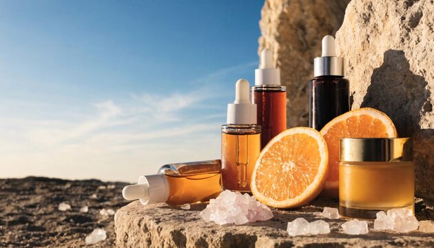Natural organic skincare serum bottles with citrus fruits and salt on a stone outdoors