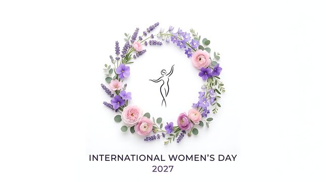 Floral wreath frame with line art woman figure for International Womens Day 2027 card background