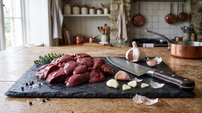 Freshly prepared organ meat on a slate board with cooking ingredients
