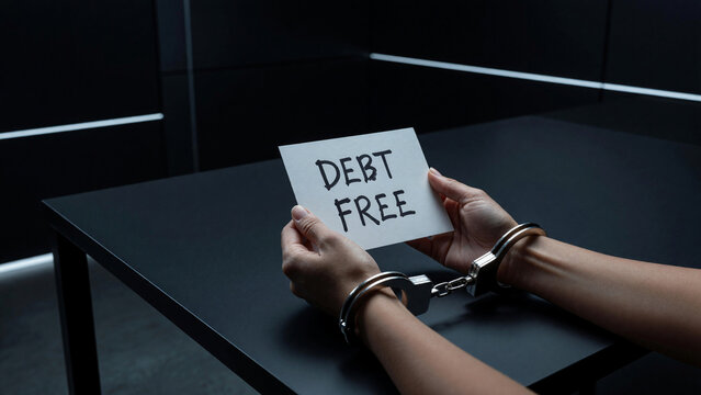 Hands handcuffed holding Debt Free sign on dark table, financial liberation and debt relief