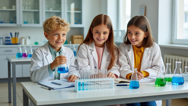Smiling children experimenting with liquids in test tubes and flasks in school laboratory, science education and discovery