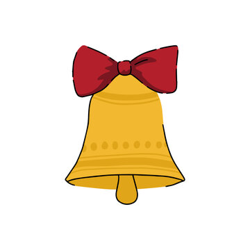 Golden Christmas bell with red bow vector isolated on white background