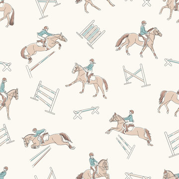 Seamless equestrian pattern with young riders and ponies jumping over hurdles in pastel hand drawn illustration