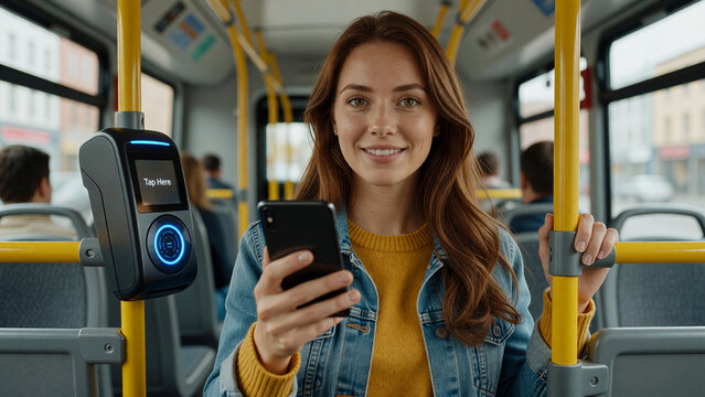 Young woman smiling holding smartphone near ticket validator in public bus, smart payment and urban travel