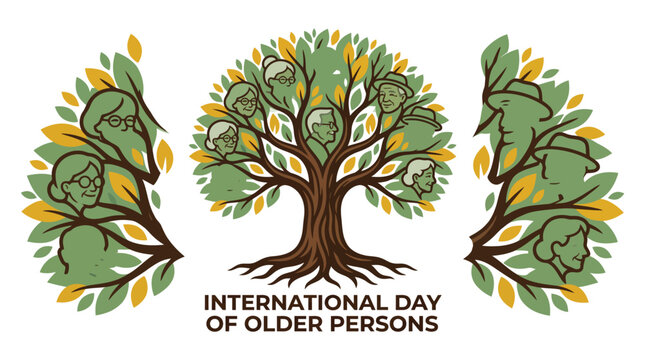 Decorative vector illustration showcasing a stylized family tree integrated with silhouettes of elderly individuals celebrating the international day of older persons featuring vibrant green and yello