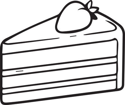 Slice of layered sponge cake topped with a strawberry. Black and white vector line art outline for cake shop menus, birthday dessert prints, coloring pages, KDP books, and crafts.