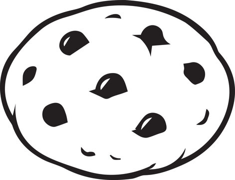 Classic round chocolate chip cookie icon. Black and white vector line art outline for bakery packaging, sweet snack menus, coloring pages, KDP interiors, and printable craft art.