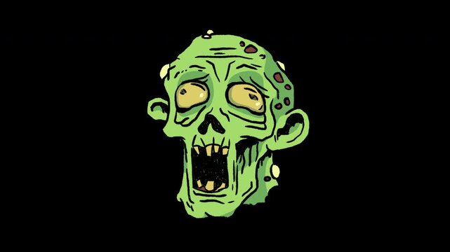 Seamless looping line boil 2D animation of scary zombie head with green skin and yellow eyes on transparent alpha channel. Creepy monster icon for Halloween, horror themes, and dark projects.