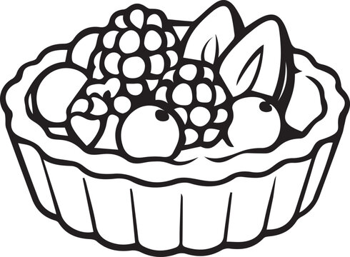 Mini fruit tartlet piled with blackberries and fruit slices. Black and white vector line art outline for gourmet pastry menus, dessert illustrations, coloring pages, KDP, and crafts.