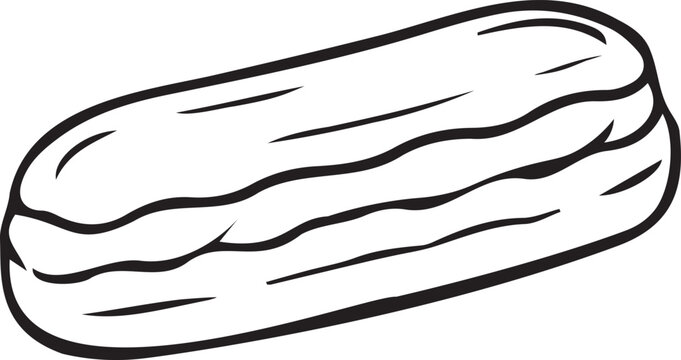 Classic French cream eclair pastry outline. Black and white vector line art for gourmet bakery menus, patisserie branding, coloring pages, KDP interiors, and sweet craft projects.