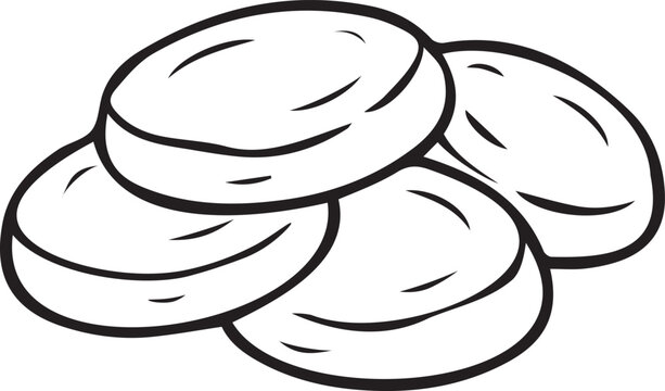 Stack of round crispy cookies or biscuits. Black and white vector line art outline for bakery branding, snack food recipes, coloring pages, KDP activity sheets, and craft prints.