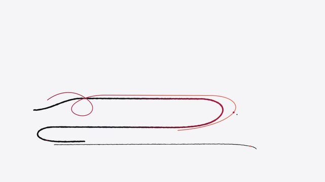 Closeup of a black and red wire being uncoiled and straightened on a white background.