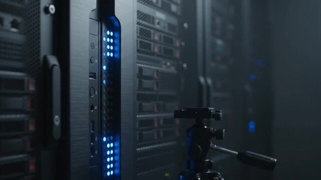 Side profile of a server rack with a vertical column of blinking blue LED status lights