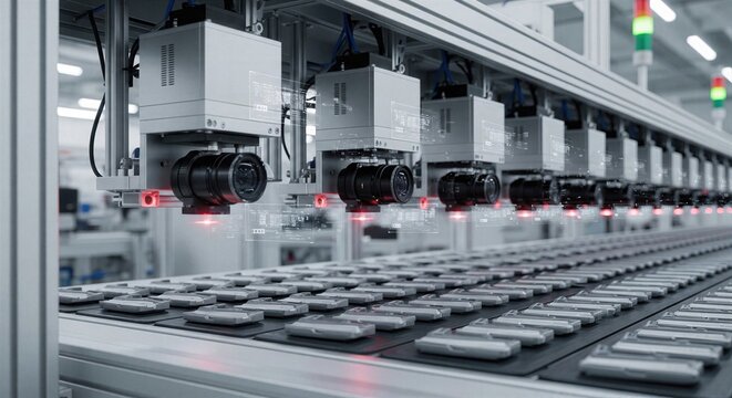 Smart factory machine vision system checking manufactured parts on conveyor with AI inspection technology, representing automated quality control and industrial accuracy workflows today