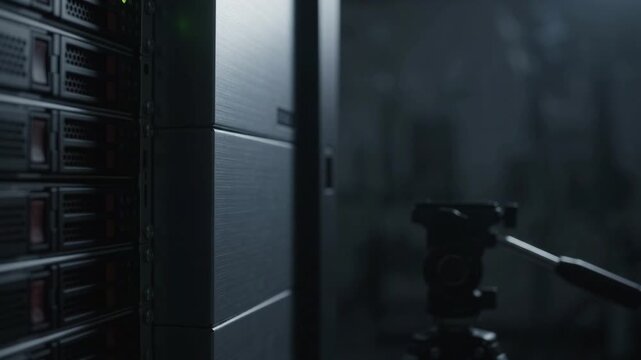 Side profile of a server rack with a vertical column of blinking blue LED status lights