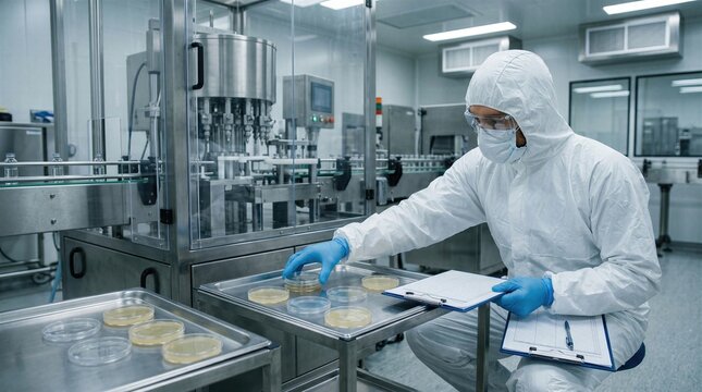 Settle plate placement near pharmaceutical equipment highlights airborne monitoring, sterile area surveillance and routine microbiological assurance in manufacturing.