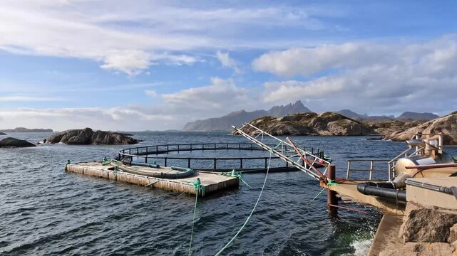 Modern fish farm in Nusfjord, Lofoten, with a floating aquaculture pen, rocky islands and impressive mountains beneath a blue, cloud-filled sky.
