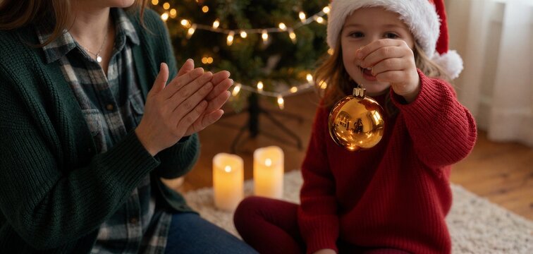 Cozy Christmas celebration at home with a smiling child holding a glowing ornament while an adult claps nearby.