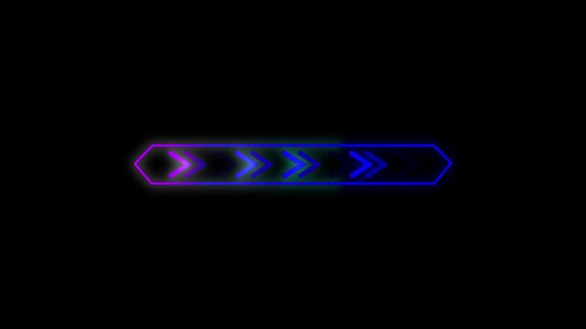 Progress bar animation displays glowing arrows across dark. High speed data status updates on the progress bar animation. Smooth digital system buffering runs through this progress bar animation.