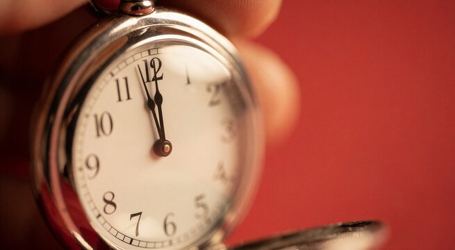 Close-up shot of a polished silver pocket watch displaying exactly 12:00 against a vibrant, softly blurred matte red background.