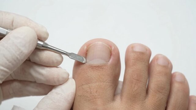 Close-up footage of podiatrist examining and treating toenail with medical instrument in clinic, professional foot care and dermatology procedure b-roll clip