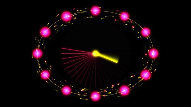 Glowing Neon Yellow Clock Hand Rotating On Dark Background With Pulsing Magenta Light Particle Ring