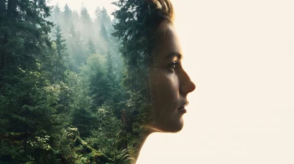 Double exposure profile of a young woman merged with a misty pine forest © Abir98