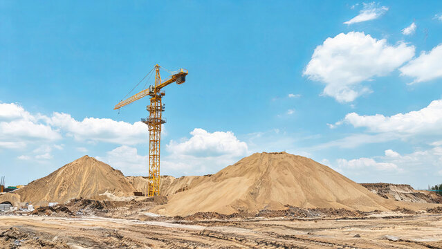An outdoor construction site featuring a tower crane and large piles of sand and earth, prepared for building development.