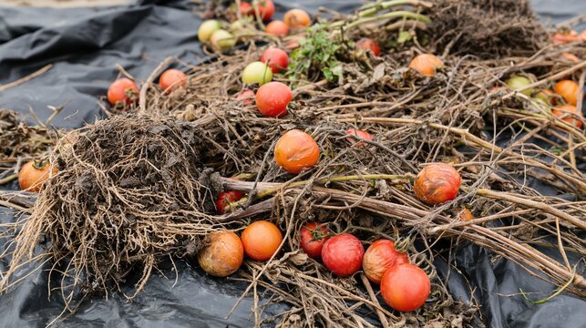 The uprooted tomato vines with ripe fruit spread over black plastic mulch