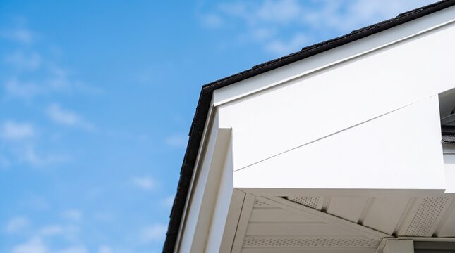 Crisp miter joint detail on white residential fascia and soffit against clear blue sky