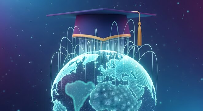 Digital globe with a graduation cap symbolizing global education and modern knowledge transfer