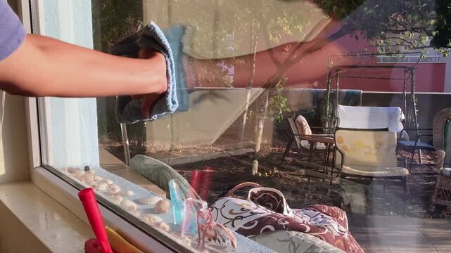 Woman wiping a home window with a cloth during regular maintenance, emphasizing cleanliness, hygiene, household chores and practical domestic work . High quality FullHD footage