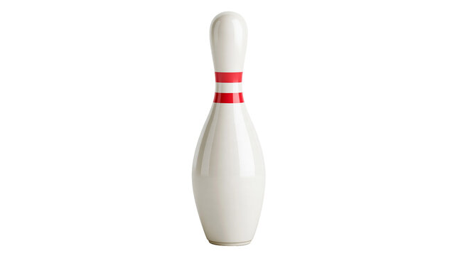 Single white bowling pin with two red stripes around the neck