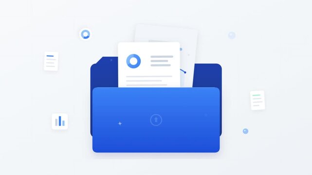Blue folder animation rising documents and business data charts