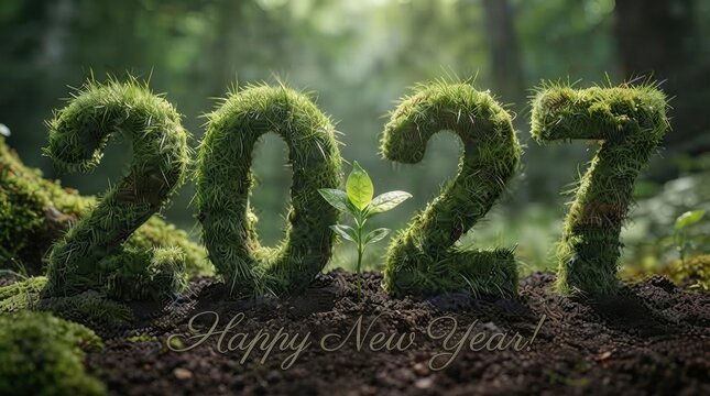 Happy New Year 2027 3D green grass text forming 2009 new year eco symbol concept on natural spring environment background