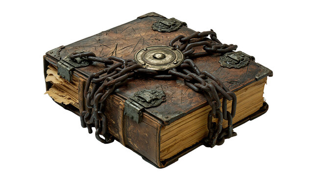 Ancient leather bound grimoire book wrapped in heavy rusted iron chains