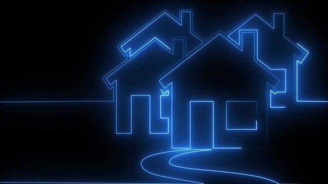 Neon houses animation forms a residential area on dark. Blue architectural outlines shape the glowing neon houses animation. Real estate property investments use this modern neon houses animation.