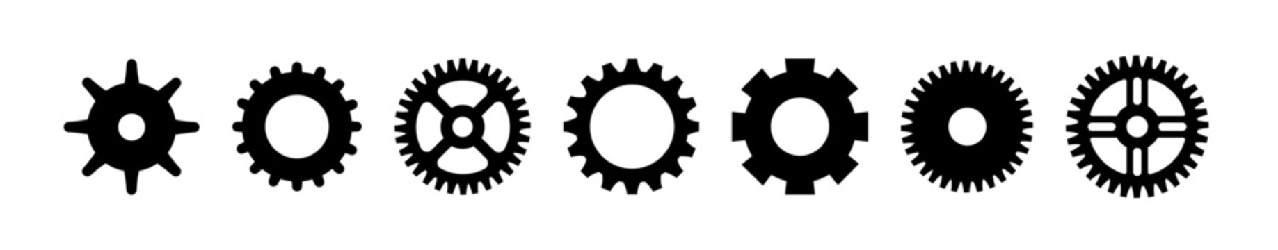 Gears shapes line icons. Flat machine gear icon. Wheel cogwheel vector. Simple outline isolated elements. Black gear.