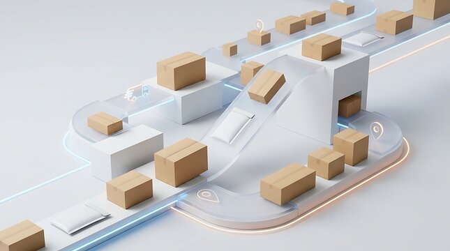 Automated logistics conveyor system with cardboard boxes, smart warehouse distribution technology, futuristic supply chain management concept