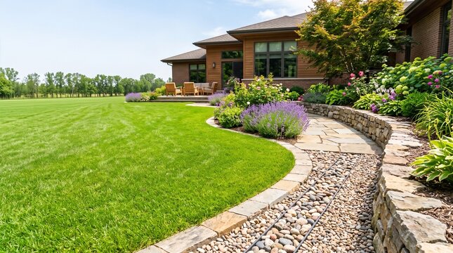 Expansive residential backyard with modern house, inviting patio, stone path, and efficient dry creek drainage