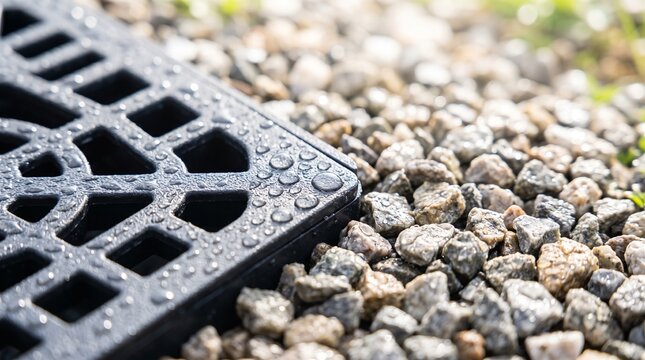 Fresh rainwater droplets collecting on a dark storm drain grate set within a gravel pathway