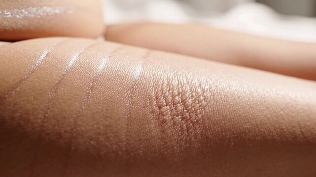 Focus on female hip stretch marks and cellulite on skin during a close-up shot