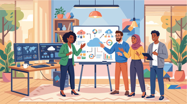 Vibrant diverse team collaborating around futuristic whiteboard with digital charts and brainstorming icons, concept for corporate innovation, startup meeting and educational workshop