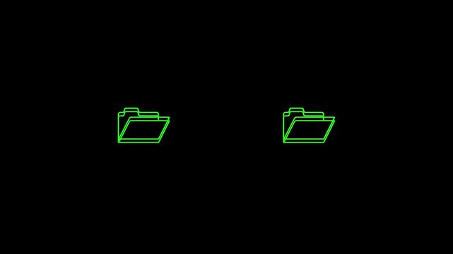 Folder icons animation displays two green outlines on dark. Directory management guides the active folder icons animation. Clean file storage paperwork archiving uses the folder icons animation.