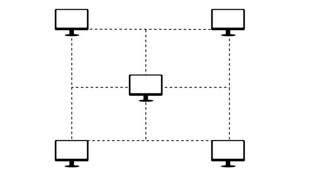 Computers network animation connects five workstations. Local database communication routes on the computers network animation. Collaborative team workstation data links this network animation.