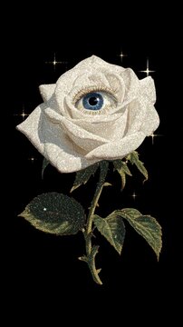 Surreal mobile wallpaper of a white rose with an eye, set against black.