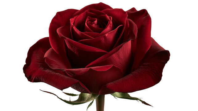 Deep crimson red rose flower head with velvet petals and green sepals