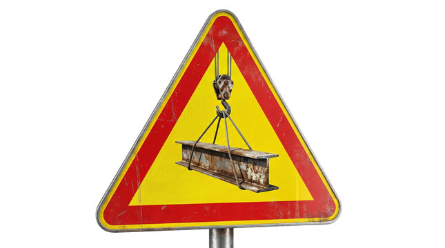 A yellow triangular warning sign with a red border depicting a crane hook lifting a heavy beam load. This industrial safety road sign warns drivers and pedestrians of potential overhead hazards.