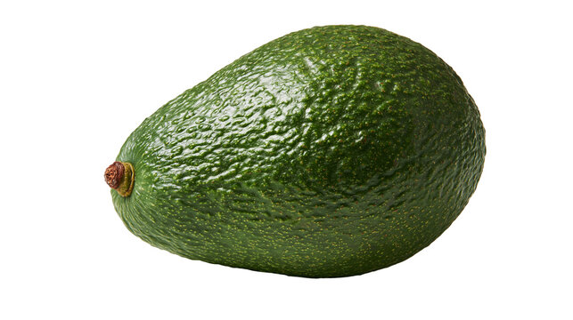 Whole ripe Hass avocado with dark bumpy skin and small brown stem