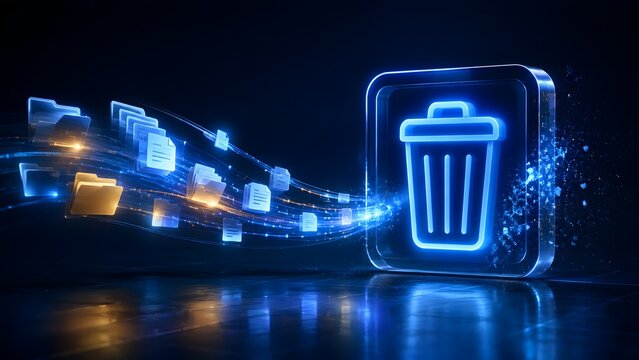 File And Folder Deletion Concept With Digital Trash Can Icon